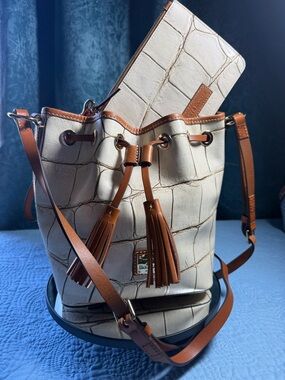 Dooney & Bourke Cream Croc-Embossed Bucket Bag/Tan Trim and Tassels w/ Wristlet